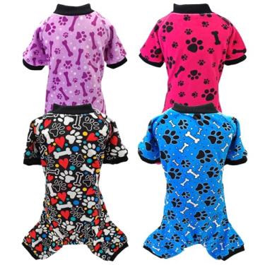 Imagem de PET SHOW Pacote com 4 pijamas para cães pequenos, estampas de ossos de pata, roupas fofas para cães médios, pijamas macios e elásticos, macacão com 4 pernas, macacão para filhotes, gatos, roupas com