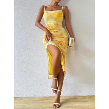 Imagem de Vestido midi sem mangas tie-dye amarelo - vestido franzido com fenda lateral e alças finas para encontros/festas, Amarelo, Small