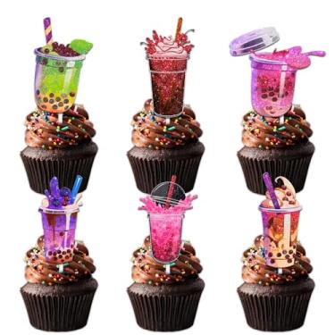 Imagem de Conjunto de 18 peças coloridas com glitter bolha boba leite chá bebida cupcake tema de chá da tarde aniversário decoração escolhas para homens mulheres feliz aniversário lembrancinha decoração