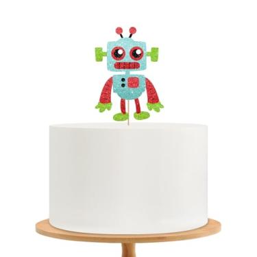 Imagem de Topo de bolo robô, decoração de bolo de aniversário de robô engrenagem, enfeite de bolo de engenheiro de glitter para chá de bebê, decoração de festa de aniversário com tema de engenheiro