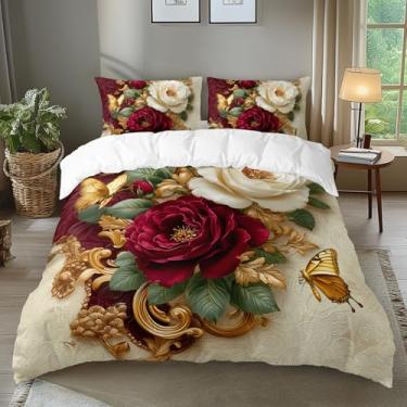 Imagem de AILONEN Conjunto de cama com rosa vermelha e branca, tamanho casal, para mulheres, capa de edredom floral vintage de luxo com 2 fronhas, conjunto de capa de edredom de flores românticas de 3 peças