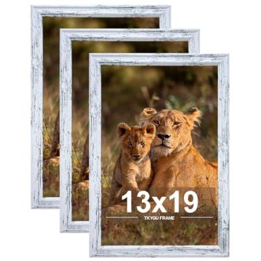 Imagem de TKYGU Conjunto de 3 porta-retratos de 33 x 48 cm, molduras de madeira brancas rústicas para montagem horizontal ou vertical, pôster de galeria de parede de 33 x 48 cm com acrílico resistente a