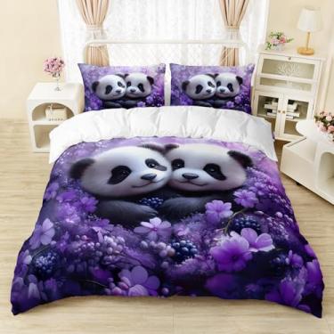 Imagem de AILONEN Conjunto de capa de edredom infantil kawaii panda tamanho casal, conjunto de cama de flor roxa sonhadora para meninas, estampa floral, panda com desenho animado + 2 fronhas, 3 peças