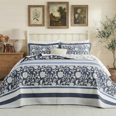 Imagem de QuiltMuse Colcha King extragrande 100% algodão 325 x 304,8 cm - Colcha leve Farmhouse California com 2 fronhas, conjunto de colcha de cama acolchoada extra larga com listras florais reversíveis, azul