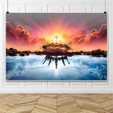 Imagem de Renaiss Pano de fundo de 2,1 x 1,5 m Ressurreição de Jesus, reflexão do céu de luz sagrada na água, fundo fotográfico, coroa de espinhos, faixa de Páscoa, evento de igreja, decoração de festa cristã