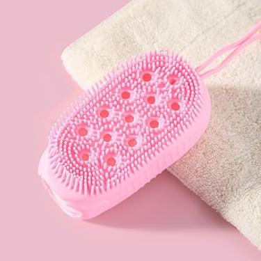 Imagem de Escova de banho de espuma dupla face rosa com esponja de urso, esfregão de massagem nas costas para esfoliação e espuma, escova de limpeza corporal de silicone macio para chuveiro