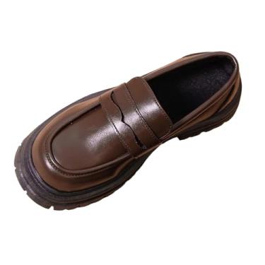 Imagem de Mocassins femininos salto bloco bico redondo salto médio sapatos casuais para uso diário, Marrom, 38