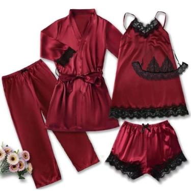 Imagem de Conjunto De Pijama De Cetim Rosa Feminino Sexy Com Renda E Patchwork, 