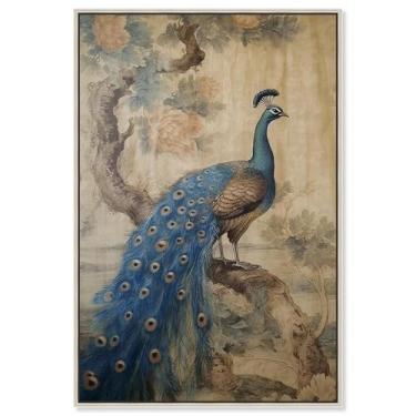Imagem de Art Remedy Impressões de arte japonesa retrô em tela pavão brilhante, moldura prateada, 25,4 cm x 38,1 cm