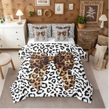 Imagem de Erosebridal Jogo de cama de 7 peças com estampa de leopardo, para meninas e mulheres, Queen, preto e branco, com laço e laço de guepardo, para adolescentes e crianças, conjunto de edredom com estampa