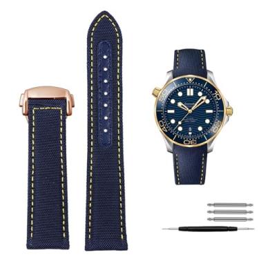 Imagem de BKUANE Pulseira de couro de nylon de alta densidade para Omega New Seamaster 300 Super Master AT150 Tecido Couro AQUA TERRA pulseira masculina 19mm 20mm (Cor: Azul amarelo RG, Tamanho: 19mm)