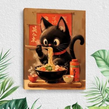 Imagem de Arte de parede em tela vintage japonesa comendo macarrão ramen, pinturas de arte emolduradas estéticas para gatos decoração de parede para amantes de gatos, imagem para sala de estar, sala de jantar