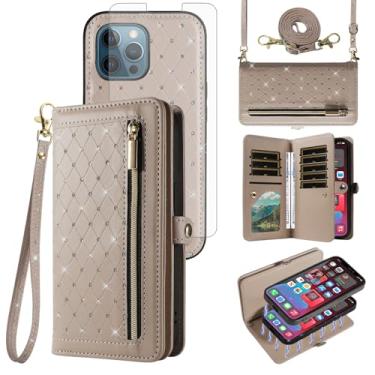 Imagem de Capa de celular para iPhone 12 Pro Max 6,7 com zíper carteira magnética destacável com protetor de tela alça transversal para iPhone12promax 5G i 12s Plus iPhone12 12pro Promax mulheres meninas cinza