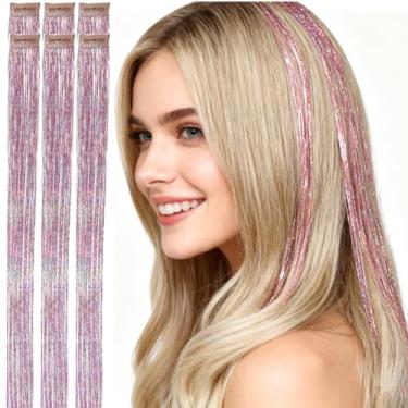 Imagem de CelineBella Presilha de cabelo rosa com ferramentas 80 fios/peças de cabelo de fada para o ano novo, Halloween, cosplay, cabelo brilhante para crianças e meninas