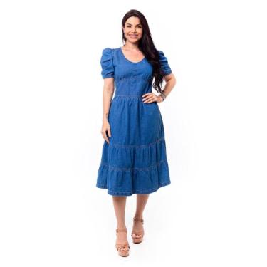 Imagem de Vestido Midi acinturado Com Manga Bufante - RESTRITO JEANS, 36, Azul m