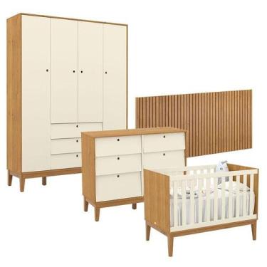 Imagem de Quarto de Bebê Unique 4 Portas com Cômoda 6 Gavetas e Painel Ripado Fr