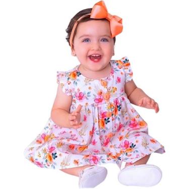 Imagem de Vestido de bebê menina luxo florido com tiara manga curta 100% algodão