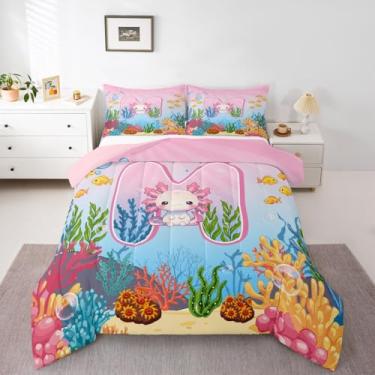Imagem de Erosebridal Conjunto de edredom fofo com letra M, rosa, kawaii, axolotl, para meninas, com desenho animado do alfabeto, letras A-Z, azul oceano, vida marinha para crianças, adolescentes e adultos