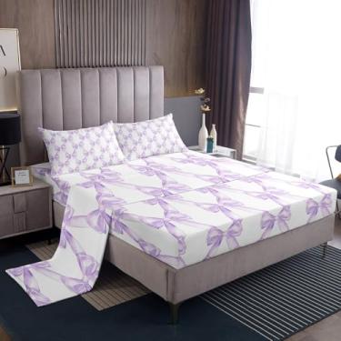 Imagem de Erosebridal Jogo de lençol solteiro com laço estilo princesa sonhadora roxo aquarela gravata borboleta tamanho solteiro para decoração de quarto de crianças, meninos, meninas, conjunto de lençol de