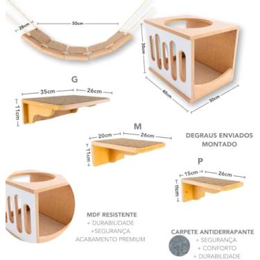 Imagem de Playground para Gatos MDF 15mm Reforçado, 9 Peças com Ponte Suspensa, Design Ondas Sonoras, Carpete Antiderrapante, Suporta até 25kg (Branco)