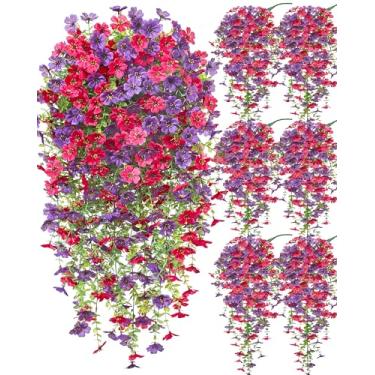 Imagem de Serwalin 6 peças de flores artificiais de outono para decoração ao ar livre, flores artificiais de seda realista para pendurar no pátio, jardim, varanda, janela, exterior (roxo e rosa choque, 6 peças)