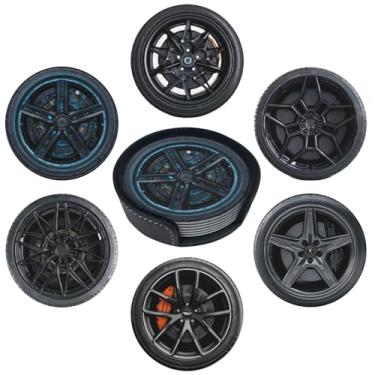 Imagem de sunwarshile Porta-copos para bebidas com suporte porta-copos redondos de couro, conjunto de 6 xícaras, canecas, tapete para bar de cozinha em casa (padrão de pneu)