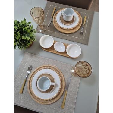 Imagem de Jogo Americano Dupla Face (kit de 6 lugares) Bordado Tecido Impermeável Trama Marrom | Mesa Posta