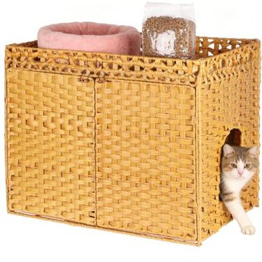 Imagem de SZEE Caixa de areia oculta para gatos, móveis de caixa de areia de vime tecida à mão, tamanho grande (76 x 45 x 61 cm), tapete incluído, fácil de montar, estilo fazenda