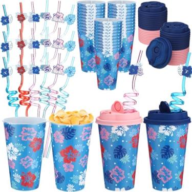 Imagem de Yungyan 36 conjuntos de copos de lembrancinhas de festa de hibisco do Havaí com tampas e canudos para decorações de aniversário reutilizáveis 473 ml Canudos de plástico para festa de aniversário