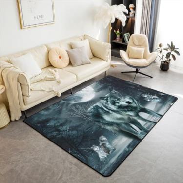 Imagem de Erosebridal Tapete preto branco lobo adulto adolescentes meninos 3D lobo tapete de área céu estrelado tapete de chão interior ramo árvore noite lua tapete decorativo para cabeceira sala de aula