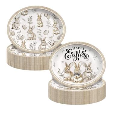 Imagem de Gupesxu 50 peças de pratos de papel de páscoa descartáveis pratos ovais de coelho vintage ovos de coelho utensílios de mesa suprimentos de festa para primavera aniversário chá de bebê