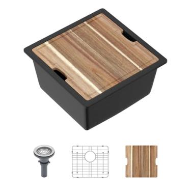 Imagem de Pia de barra de montagem inferior de 45,7 cm x 45,7 cm, mini barra molhada, quartzo branco, granito, composto, pequena cozinha, pias para trailers, tigela única, bacia de ilha externa com tábua de