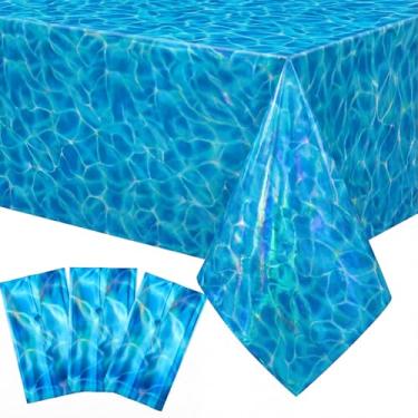 Imagem de Gilprop 3 toalhas de mesa iridescentes ondas do oceano 137 x 277 cm de plástico azul sob o mar toalha de mesa descartável refletiva oceano capa de mesa para aniversário, praia, piscina, decoração de