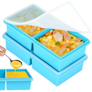 Imagem de 2 bandejas de silicone para freezer com tampas, moldes de silicone para congelador de sopa, prepare refeições em porções, lava-louças e forno, ótimo para caldo congelado, sobras e preparação de
