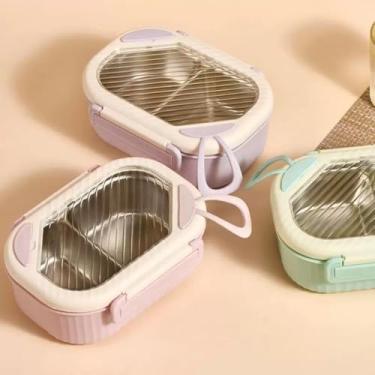 Imagem de Marmita térmica de aço inox 1000ml com 2 divisórias e conjunto de garfo e colher, pote portátil para refeições, lancheira para trabalho e viagens, cores estilo macaron (rosa e branco)