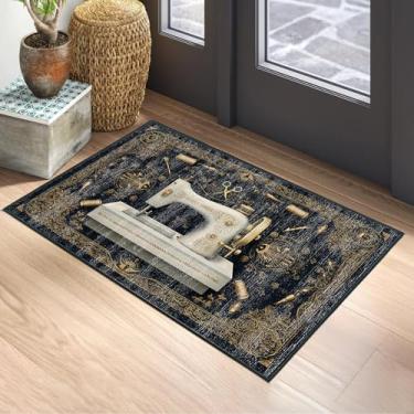 Imagem de Tapete vintage para máquina de costura, 6,5 x 7,5 m - Tapete retrô dourado preto para sala de costura, sala de artesanato, escritório, sala de estar, tapete lavável antiderrapante