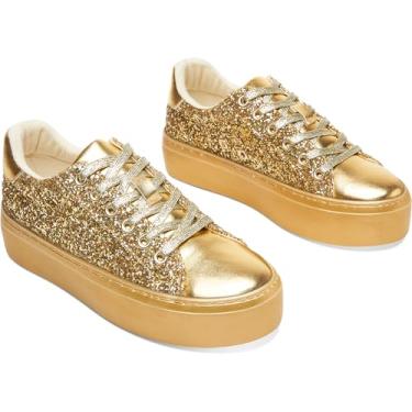 Imagem de AISFAES Tênis feminino com plataforma com glitter, cadarço brilhante, grosso, moderno, cano baixo, confortável, metálico, lantejoulas, tênis de caminhada, Glitter dourado, 40