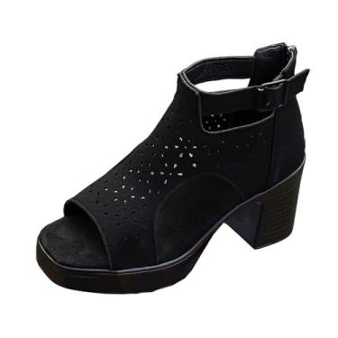 Imagem de Sandálias femininas Peep Toe de salto grosso, plataforma casual, sapatos abertos com salto bloco para uso no verão, Preto, 39
