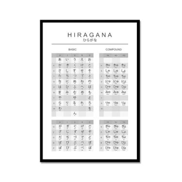 Imagem de Pôster do gráfico do alfabeto japonês Hiragana Katakana preto e branco pintura em tela educação aprender impressões escritório decoração sala de aula (SKU1,40.6x61.0 cm = (40x60cm), moldura de metal