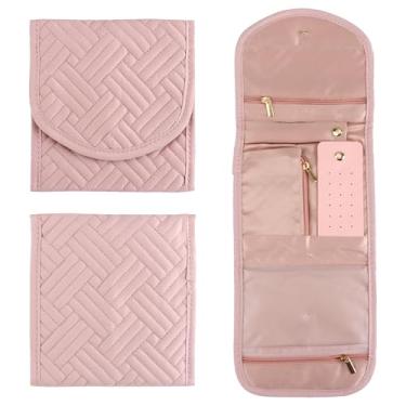 Imagem de Nextpal Mini bolsa de joias de viagem, organizador de joias dobrável com vários compartimentos para brincos, anéis e colares, colar de viagem rosa portátil para viagem, design compacto