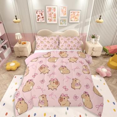 Imagem de Erosebridal Conjunto de cama casal com desenho de capivara, para meninas, com laço rosa, laço e laço para crianças, adolescentes, adultos, quarto fofo, animais roedores, edredom rosa