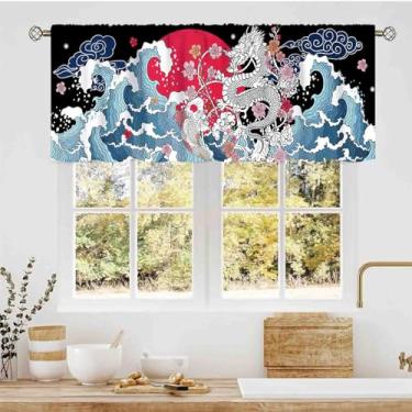 Imagem de Saia de cozinha japonesa, estilo asiático, grande onda dragão chinês flor de cerejeira tradicional loong oriental anime cortinas de janela curta para café, quarto, sala de estar, banheiro, 137 x 45 cm