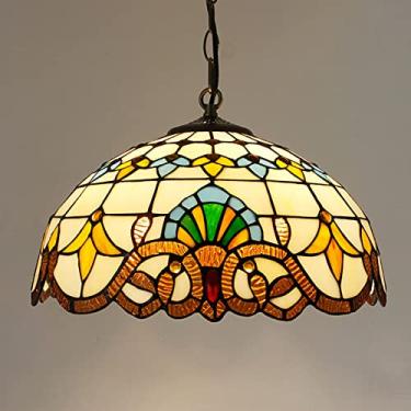 Imagem de Lustre estilo Tiffany de 40 cm (16 polegadas), luminária pendente vintage feita à mão em vitral, altura ajustável, lâmpada de teto LED E27 para decoração de sala de estar, quarto e sala de j