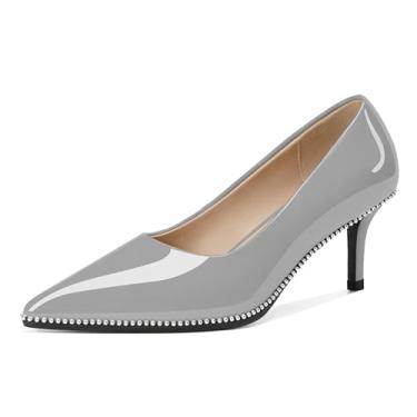 Imagem de Younton Sapato feminino de salto agulha médio salto baixo gatinho fechado bico fino sapato sem cadarço contas feminino trabalho escritório sapatos sociais 6 cm, Cinza envernizado, 38