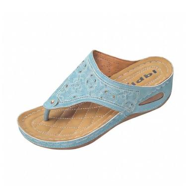 Imagem de Sandália feminina casual multicolorida vazada salto plataforma plus size sola grossa para primavera verão PU, Azul-claro celeste, 38