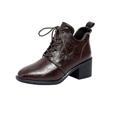 Imagem de MGGMOKAY Bota feminina com cadarço no tornozelo, clássica, salto grosso, botas curtas, modernas, casuais, Marrom, 36