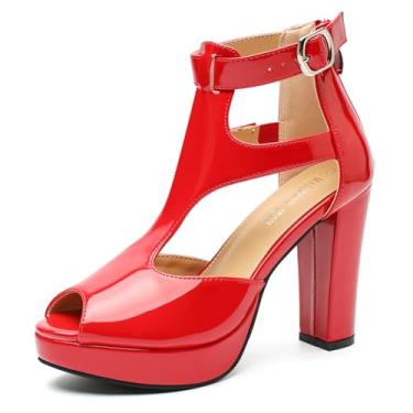 Imagem de MAIERNISI JESSI Sandálias femininas com tira em T, salto plataforma recortado, salto grosso com tira no tornozelo, 10 cm, Patente vermelha, 37