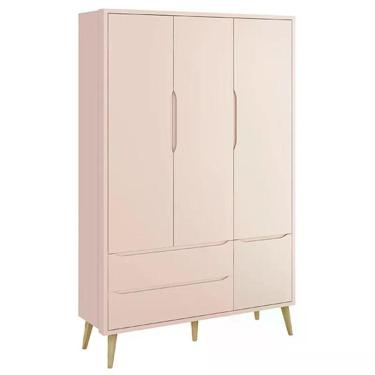 Imagem de Guarda Roupa Infantil Theo 3 Portas Rosa Fosco Com Pés Madeira Natural - Reller Móveis Rosa Fosco