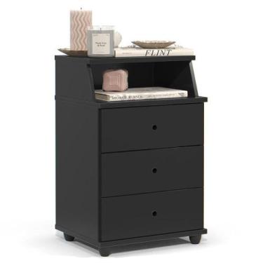 Imagem de Mesa de Cabeceira Quarto Luxo New com 3 Gavetas - EJ Móveis, Preto
