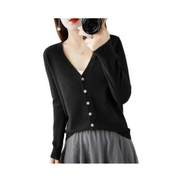 Imagem de Cardigã Feminino De Tricô Com Decote Em V 2025  Suéter Casaco Elegante